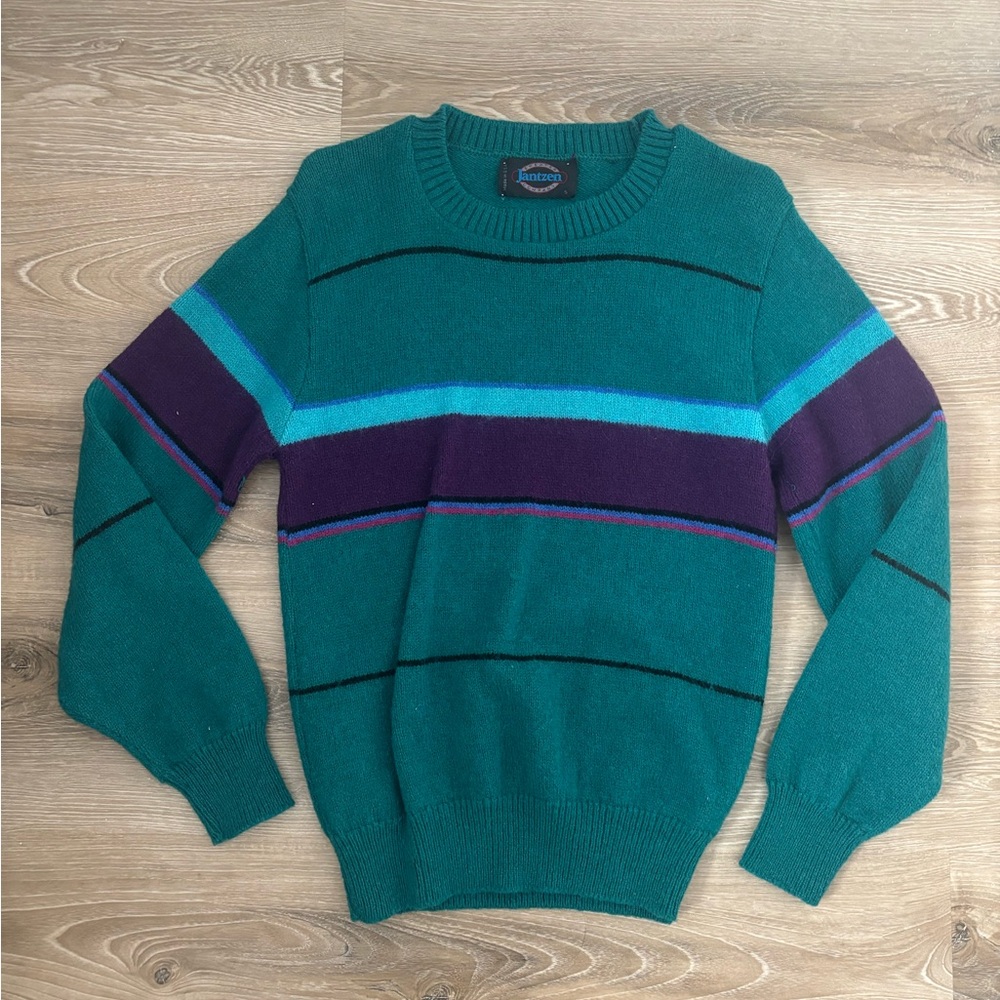 Vintage 80s Jantzen Teal Blue Purple Multicolor Colorblock Striped Sweater
